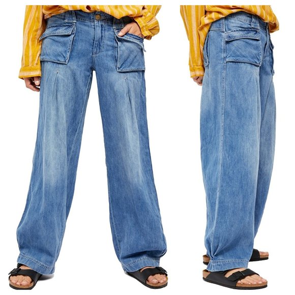 Free people birch denim wide leg pants Clearance
